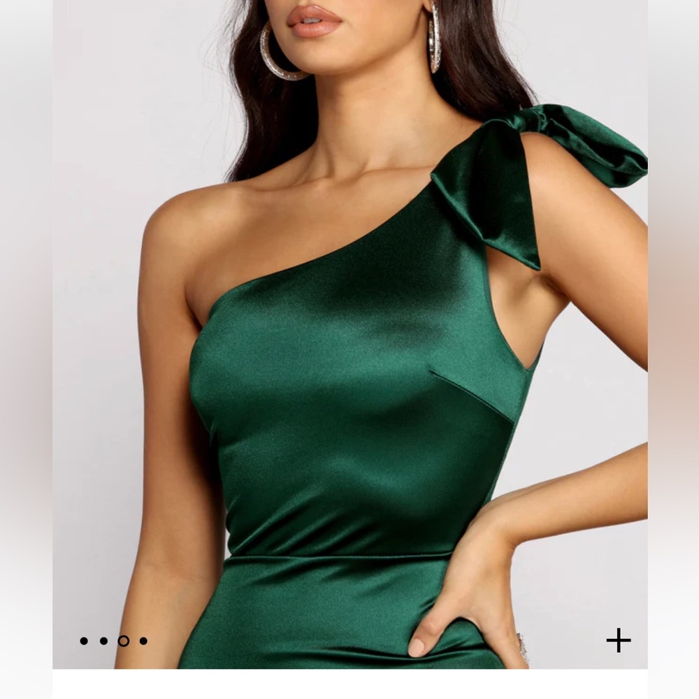 Hunter Green Formal One Shoulder Satin Dress / Size Large - Picture 3 of 4